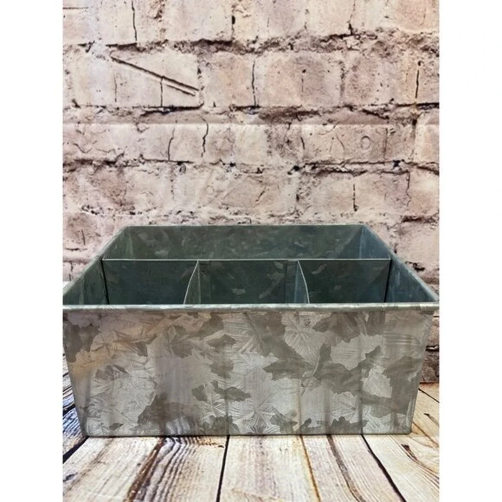 Galvanized Metal Caddy Organizer Wood Handle 3 Compartment‎ Rustic Farmhouse